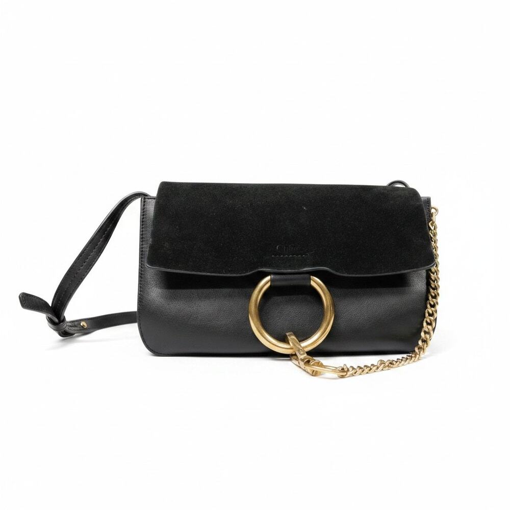 Chloe Faye Black Gold Shoulder Strap Small Handbag $1,350 Retail Suede Leather